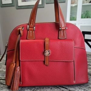 Dooney and Bourke Pebble Leather Cambridge Zip Satchel Handbag, EUC, Red/Tan